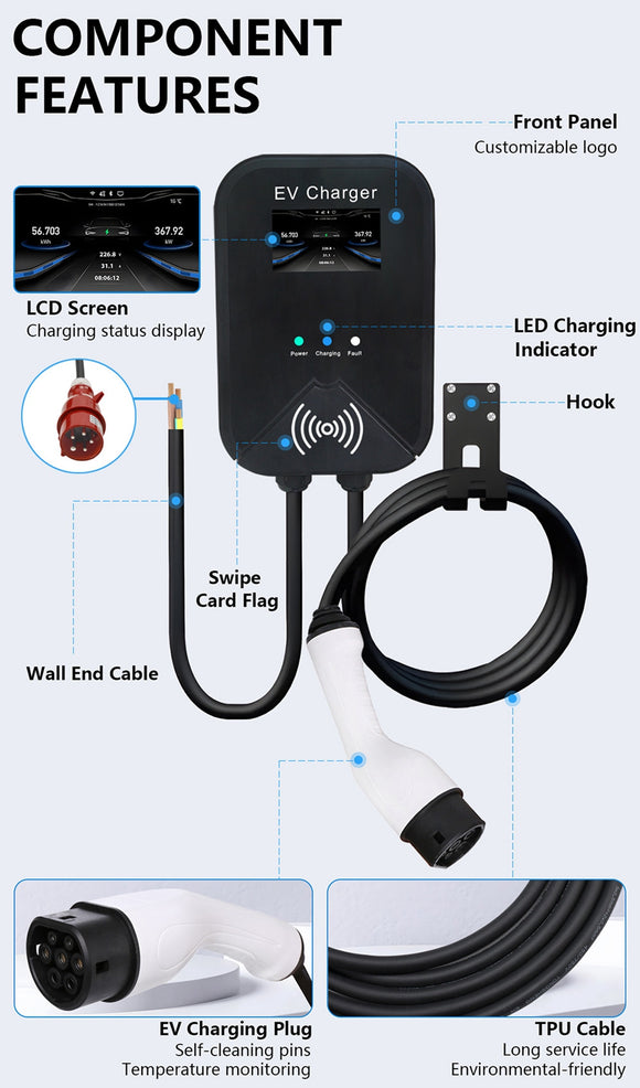 Type 2 EV Charger Station 32A 22KW 3-Phase Wallbox CEE Plug App Control High Efficiency