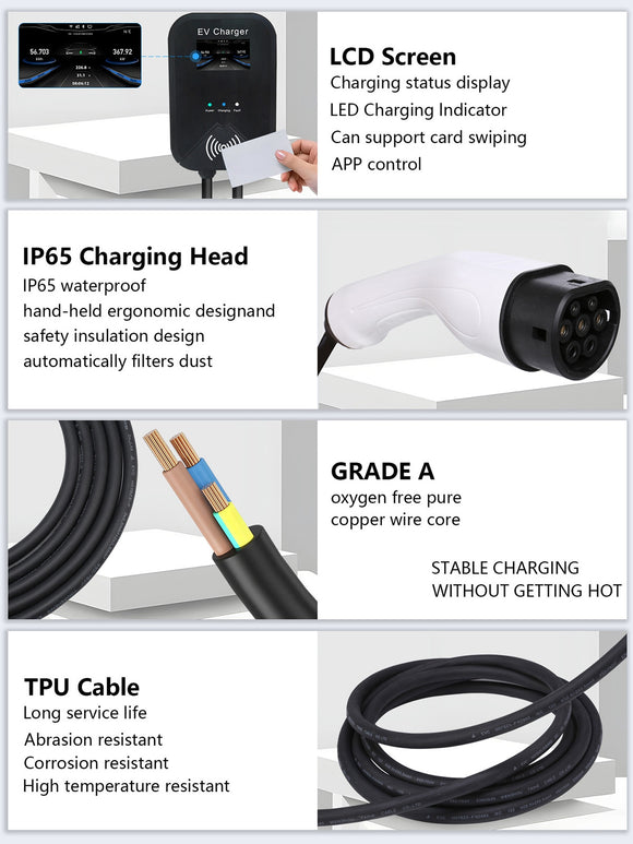 Type 2 EV Charger Station 32A 22KW 3-Phase Wallbox CEE Plug App Control High Efficiency
