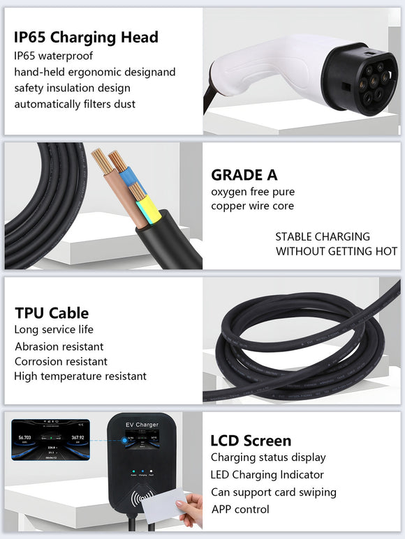 Type 2 EV Charger Station 32A 22KW 3-Phase Wallbox CEE Plug App Control High Efficiency