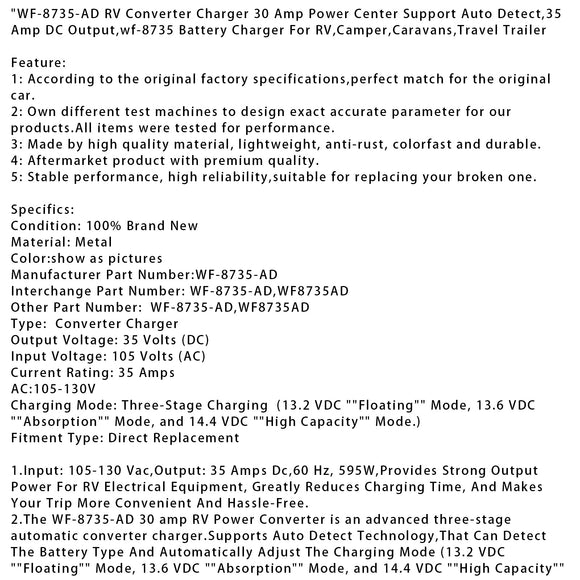 WF-8735-AD RV Converter Charger 30 Amp Power Center Support Auto Detect RV
