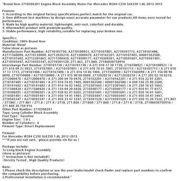New 2710300201 Engine Block Motor For Mercedes W204 C250 SLK250 1.8L 2012-2015