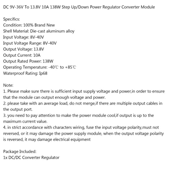 Areyourshop DC 9V-36V To 13.8V 10A 138W Step Up/Down Power Regulator Converter Module