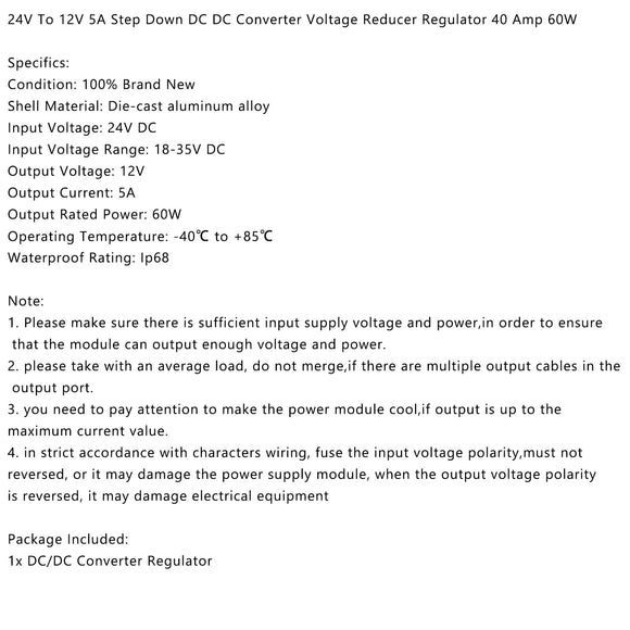 WaterProof 24V to 12V 5A 60W Step Down DC/DC Power Converter Regulator
