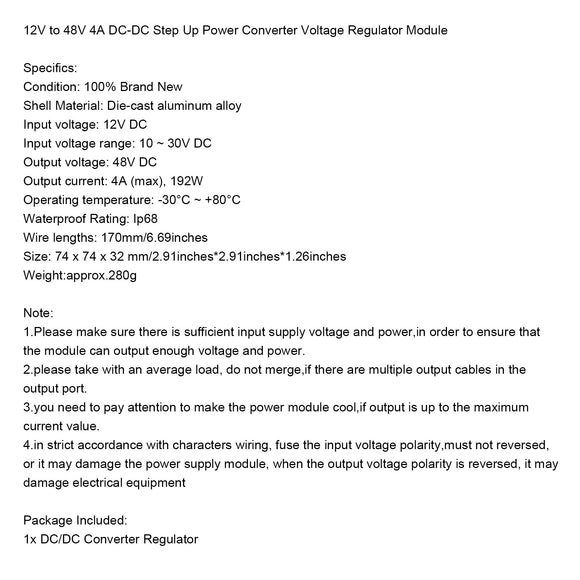Waterproof DC/DC Converter Regulator 12V Step Up to 48V 4A 192W