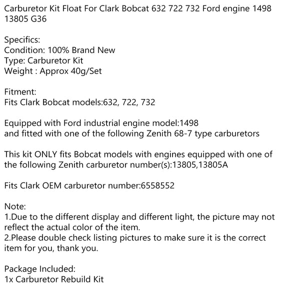 Carburetor Kit Float Fits Clark Bobcat 632 722 732 Ford Engine 1498 13805 G36