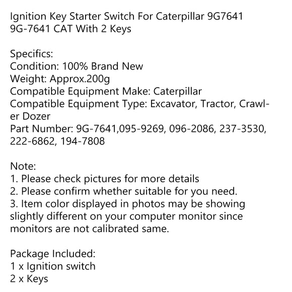 Starter Ignition Switch For Caterpillar 9G7641 9G-7641 With 2 Keys