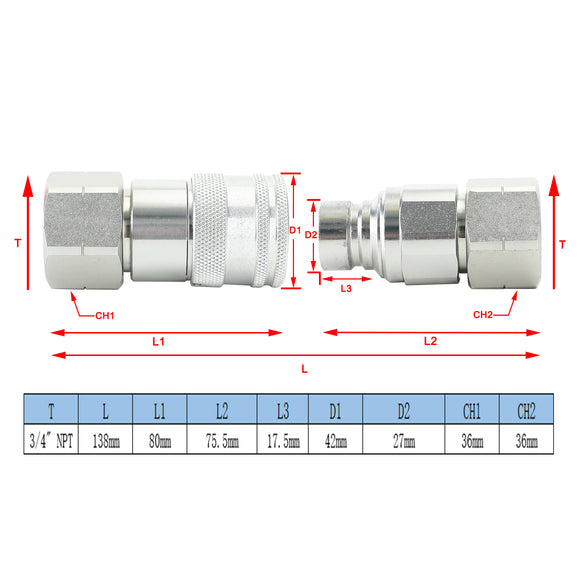 3/4Inch NPT Pair Hydraulic Flat Face Quick Coupler Skid Steer For Bobcat ISO 16028