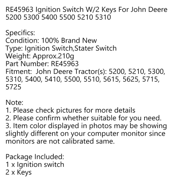 RE45963 Ignition Switch W/2 Keys For John Deere 5200 5300 5400 5500 5210 5310