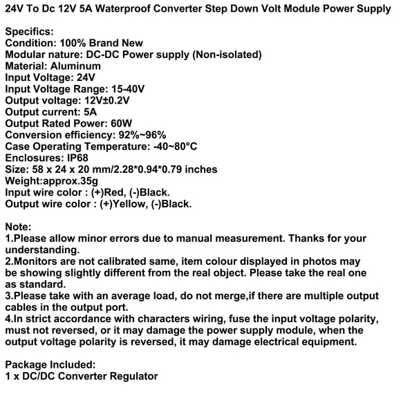 24V To Dc 12V 5A Waterproof Converter Step Down Volt Module Power Supply