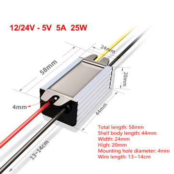 12V/24V to 5V 5A 25W Waterproof Converter Step Down Volt Module Power Supply - 0