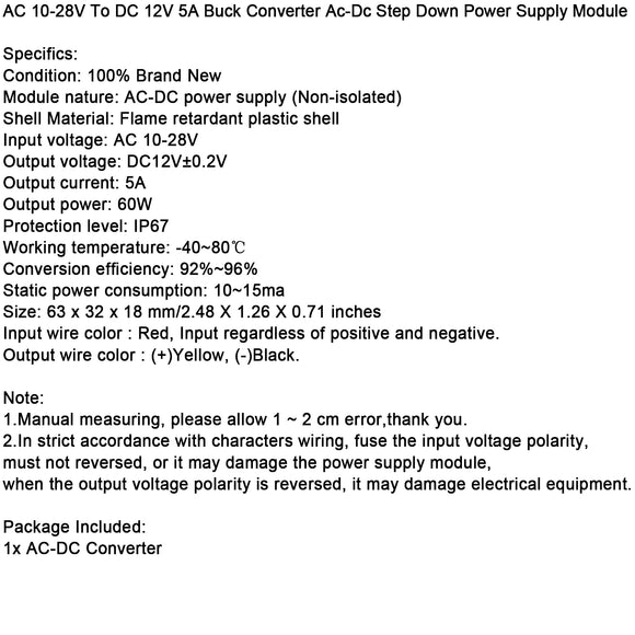 AC 10-28V To DC 12V 5A Buck Converter Ac-Dc Step Down Power Supply Module
