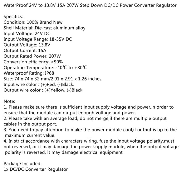 WaterProof 24V to 13.8V 15A 207W Step Down DC/DC Power Converter Regulator