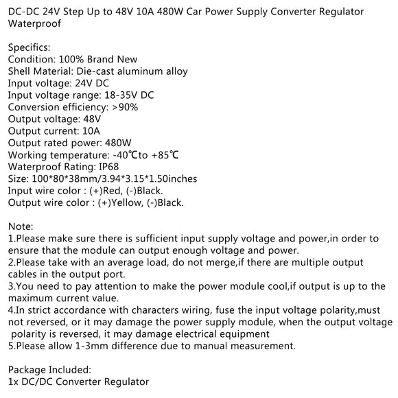 DC-DC 24V Step Up to 48V 10A 480W Car Power Supply Converter Regulator Waterproof