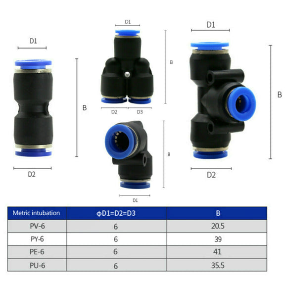 40X 6mm OD 1/4 Inch Plastic Pneumatic Push Connector Set Air Line Quick Fittings