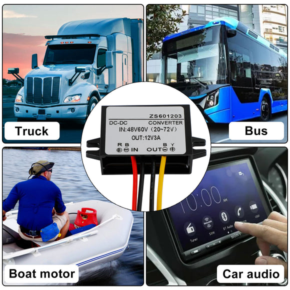 Waterproof DC-DC Buck Step Down Volt Converter 20V-72V 24V 36V 48V to 12V 3A