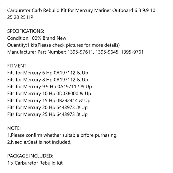 Vergaser-Reparaturdichtsatz für Mercury Mariner Außenborder 6-25 PS 1395-97611