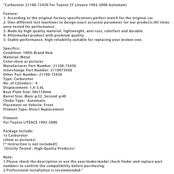 Carburetor 21100-73430 For Toyota 3Y Liteace 1992-2000 Automatic