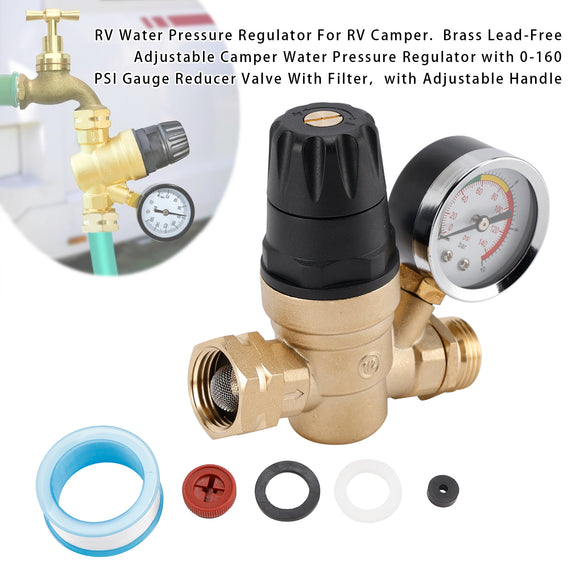 RV Water Pressure Regulator For RV Camper. Brass Lead-Free Adjustable