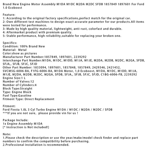 Ford 1.0 Ecoboost Engine Motor Assem M1DA M1DC M2DA M2DC SFDB 1857849 Generic