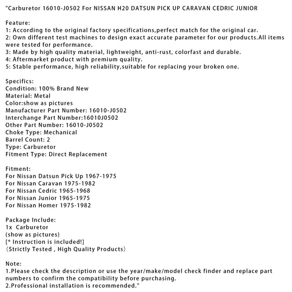 Carburetor 16010-J0502 For NISSAN H20 DATSUN PICK UP CARAVAN CEDRIC JUNIOR