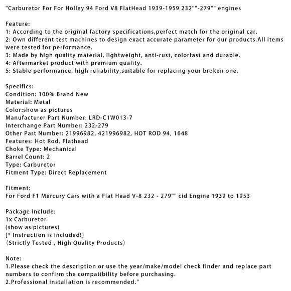 Carburetor For For Holley 94 Ford V8 FlatHead 1939-1959 232"-279" engines