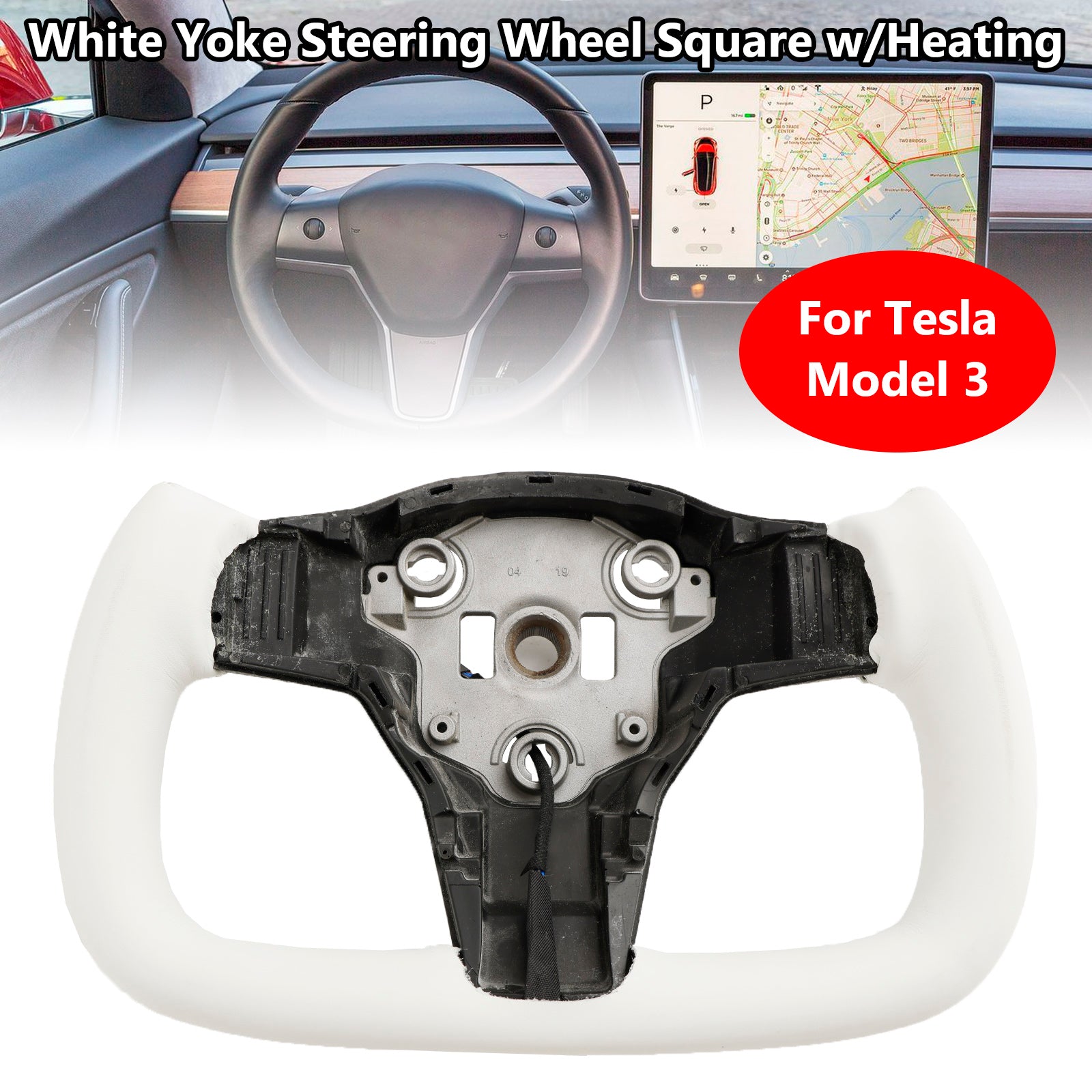Tesla 2017-2023 Model 3 Yoke Steering Wheel Square White Leather w/Heating - 0