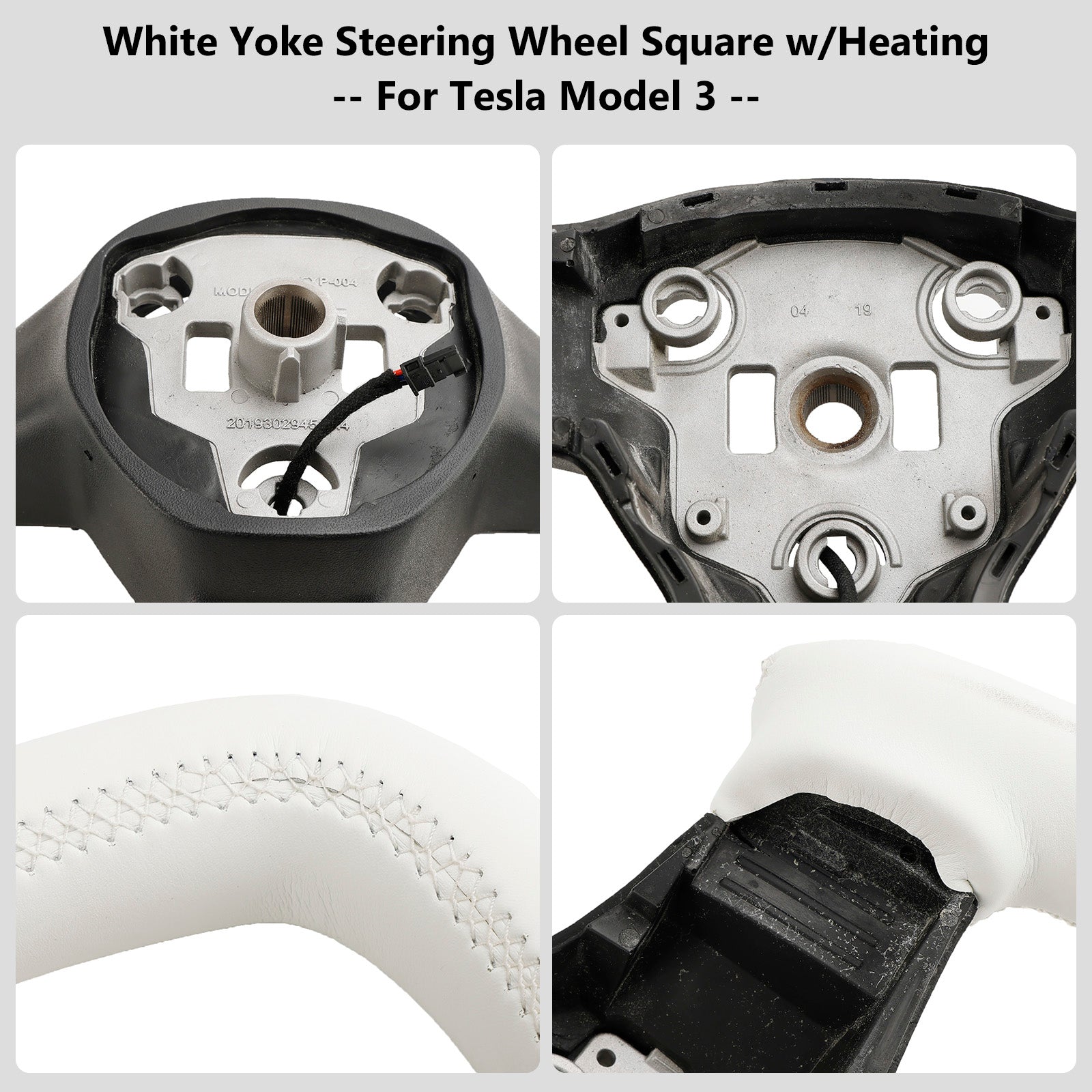 Tesla 2017-2023 Model 3 Yoke Steering Wheel Square White Leather w/Heating