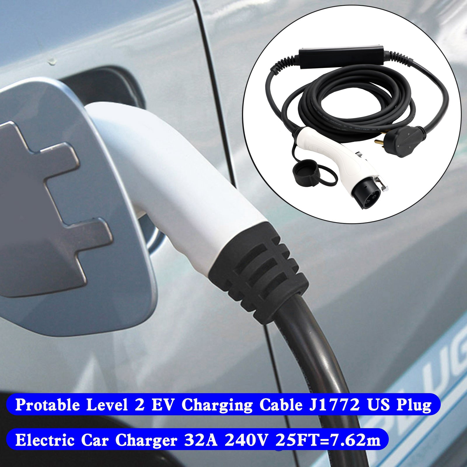 EV Charging Cable J1772 32A 240V US Plug Electric Car Charger 25FT