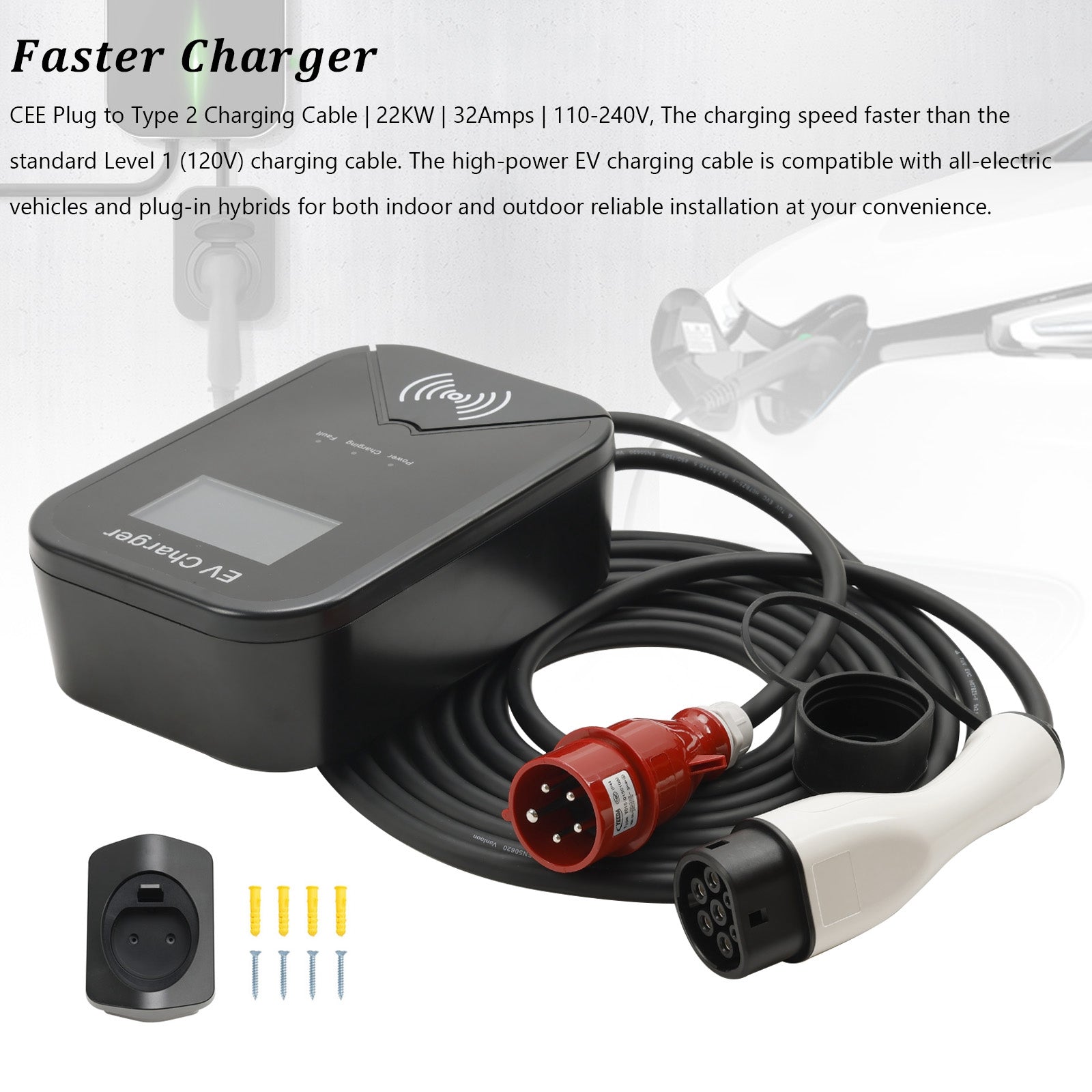 Type 2 EV Charger Station 32A 22KW 3-Phase Wallbox CEE Plug App Control High Efficiency New Year Sale