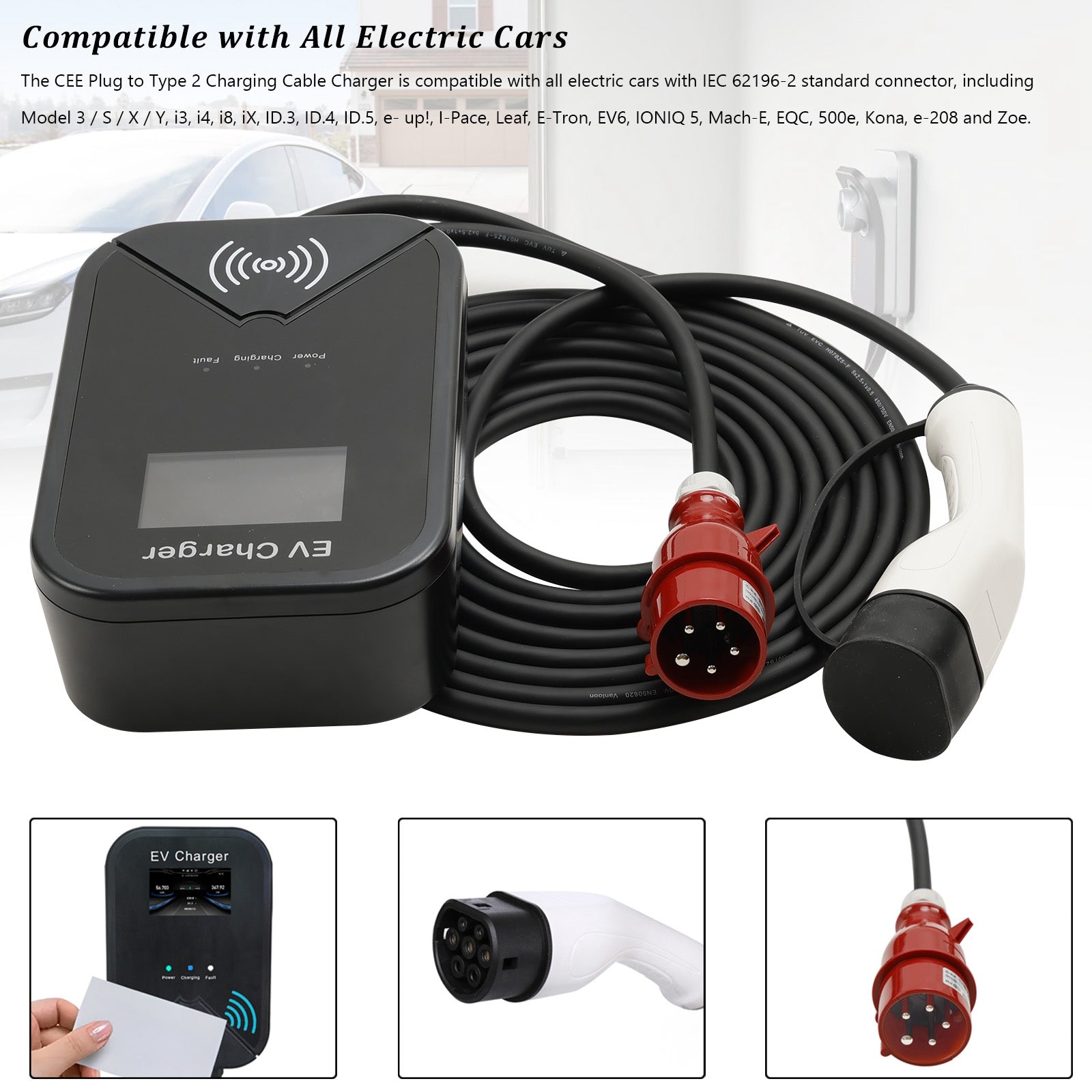 Type 2 EV Charger Station 32A 22KW 3-Phase Wallbox CEE Plug App Control High Efficiency New Year Sale