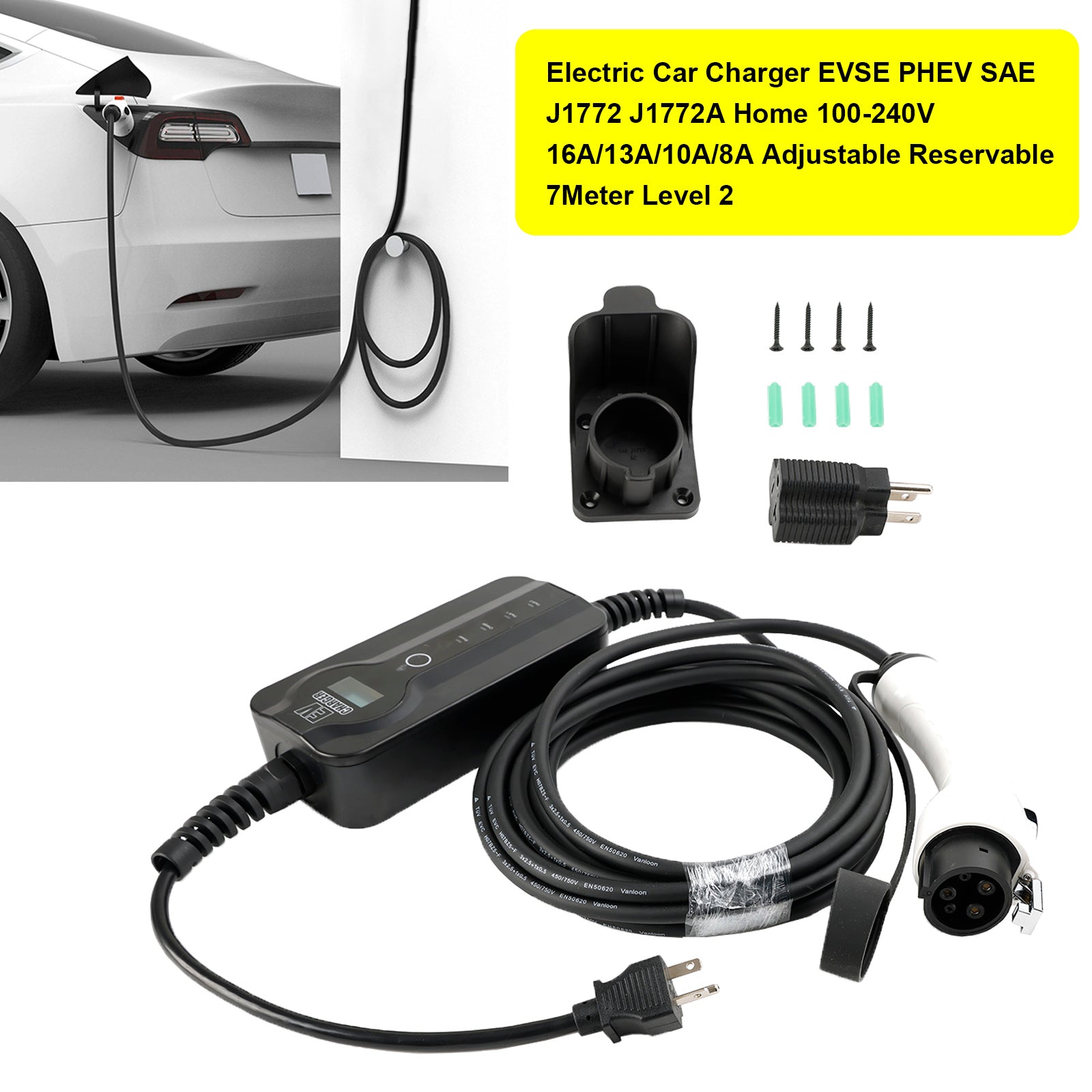 EV J1772 J1772A Electric Car Charger Home 100-240V 16A Adjustable 7Meter Level 2