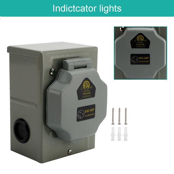 RV 50 Amp Power Inlet Box Outdoor Receptacle with LED Light 3 Prong Locking Plug