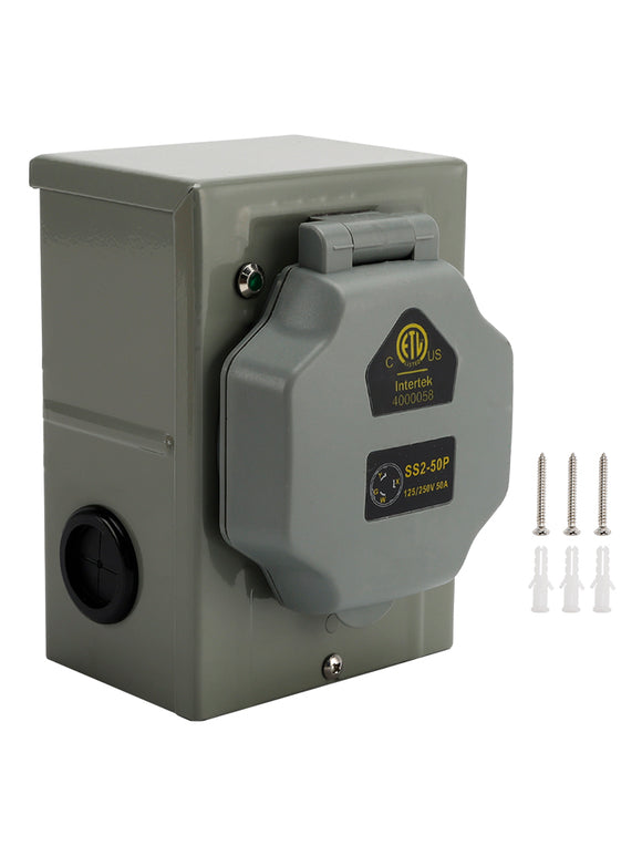 RV 50 Amp Power Inlet Box Outdoor Receptacle with LED Light 3 Prong Locking Plug