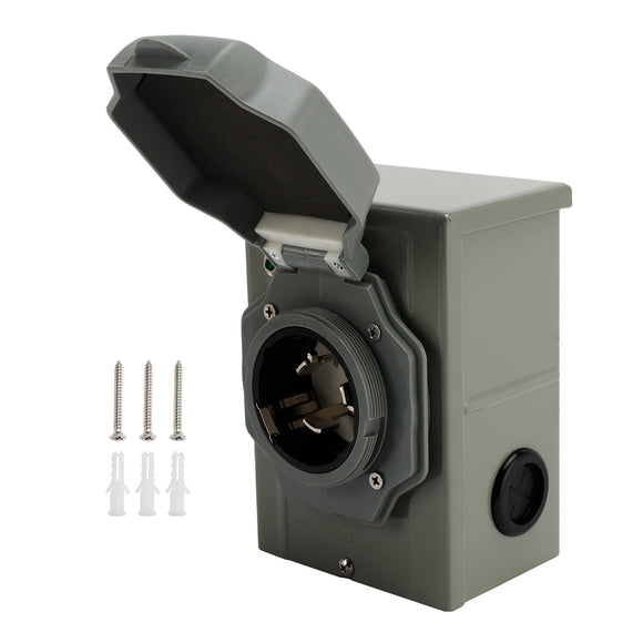 RV 50 Amp Power Inlet Box Outdoor Receptacle with LED Light 3 Prong Locking Plug