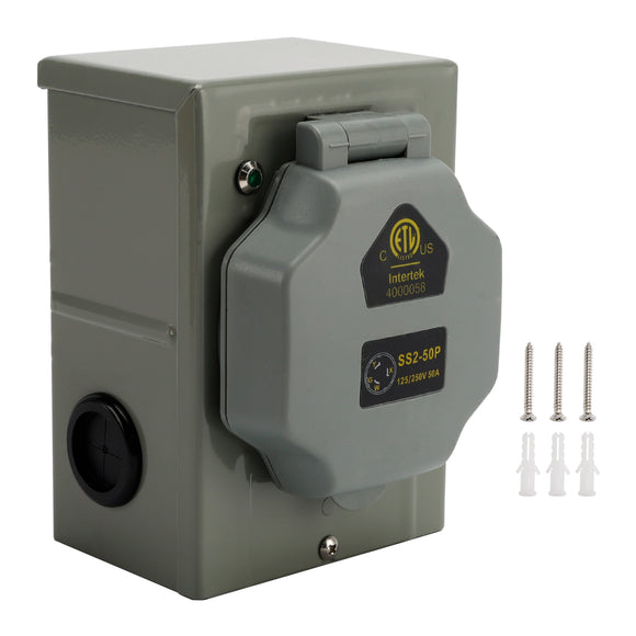 RV 50 Amp Power Inlet Box Outdoor Receptacle with LED Light 3 Prong Locking Plug