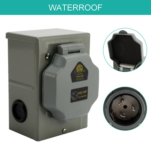 RV 50 Amp Power Inlet Box Outdoor Receptacle with LED Light 3 Prong Locking Plug