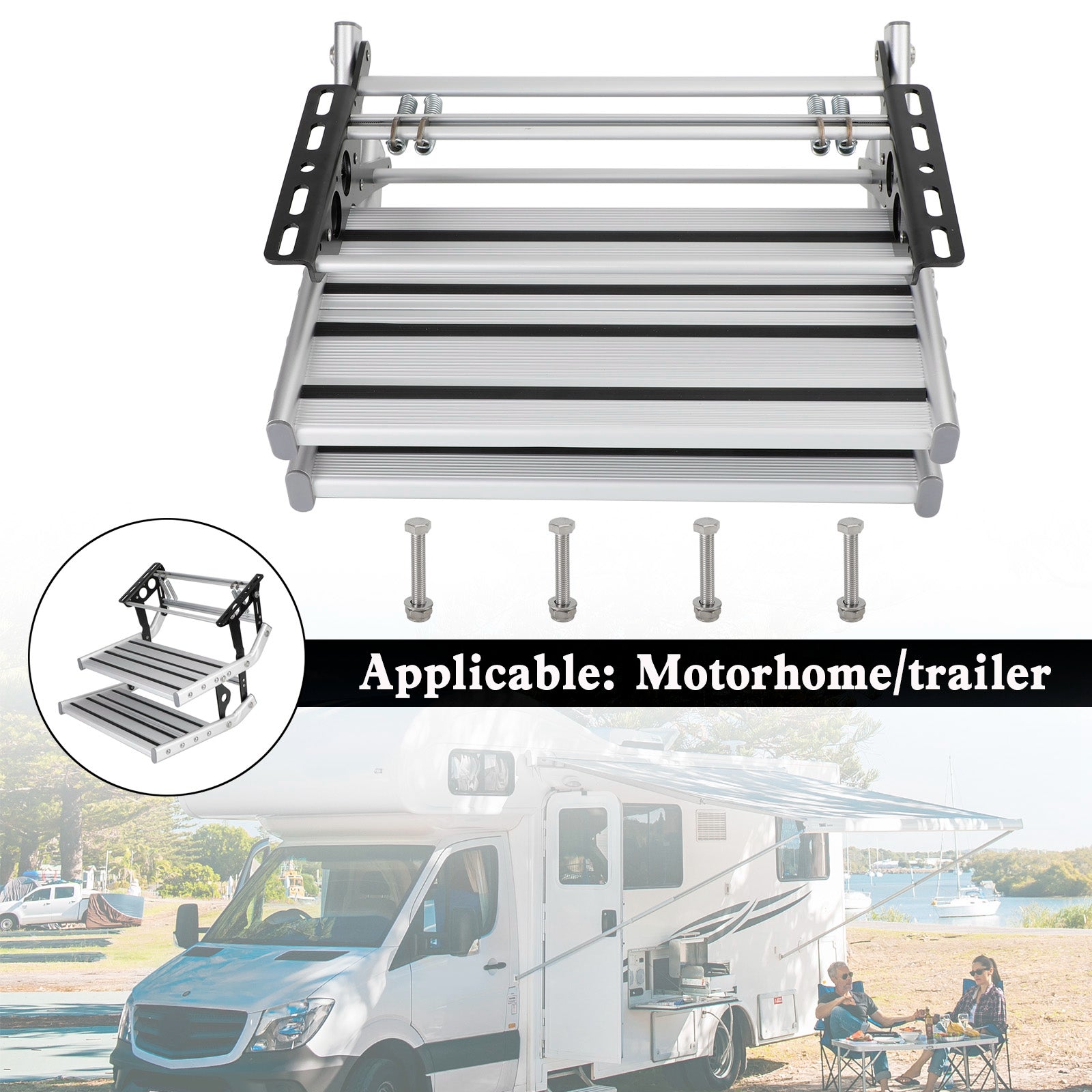 Aluminum Manual Double Pull Out Drop Down Folding Step Motorhome RV Campervan