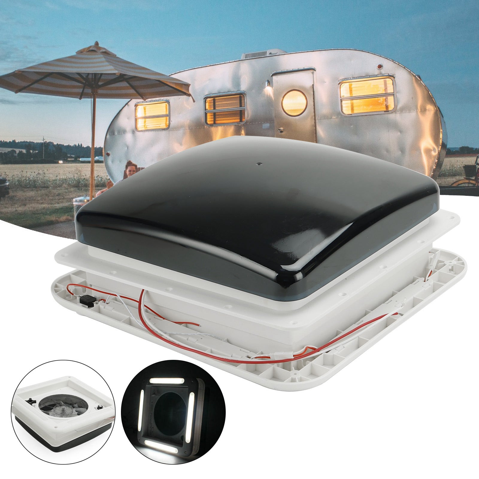 12V RV Roof Vent 11" with 3-Speed Motor and LED Skylight for Caravan Ventilation and Airflow