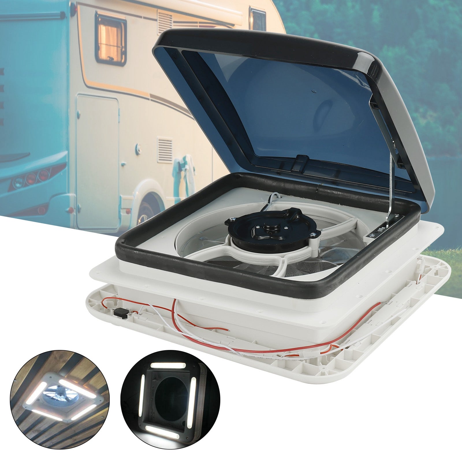 12V RV Roof Vent 11" with 3-Speed Motor and LED Skylight for Caravan Ventilation and Airflow