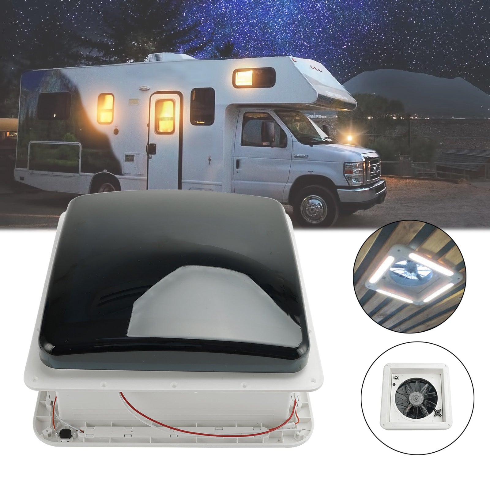 3-Speed Motor RV Fan 12V Skylight With LED Light 14" RV Caravan Roof Vent