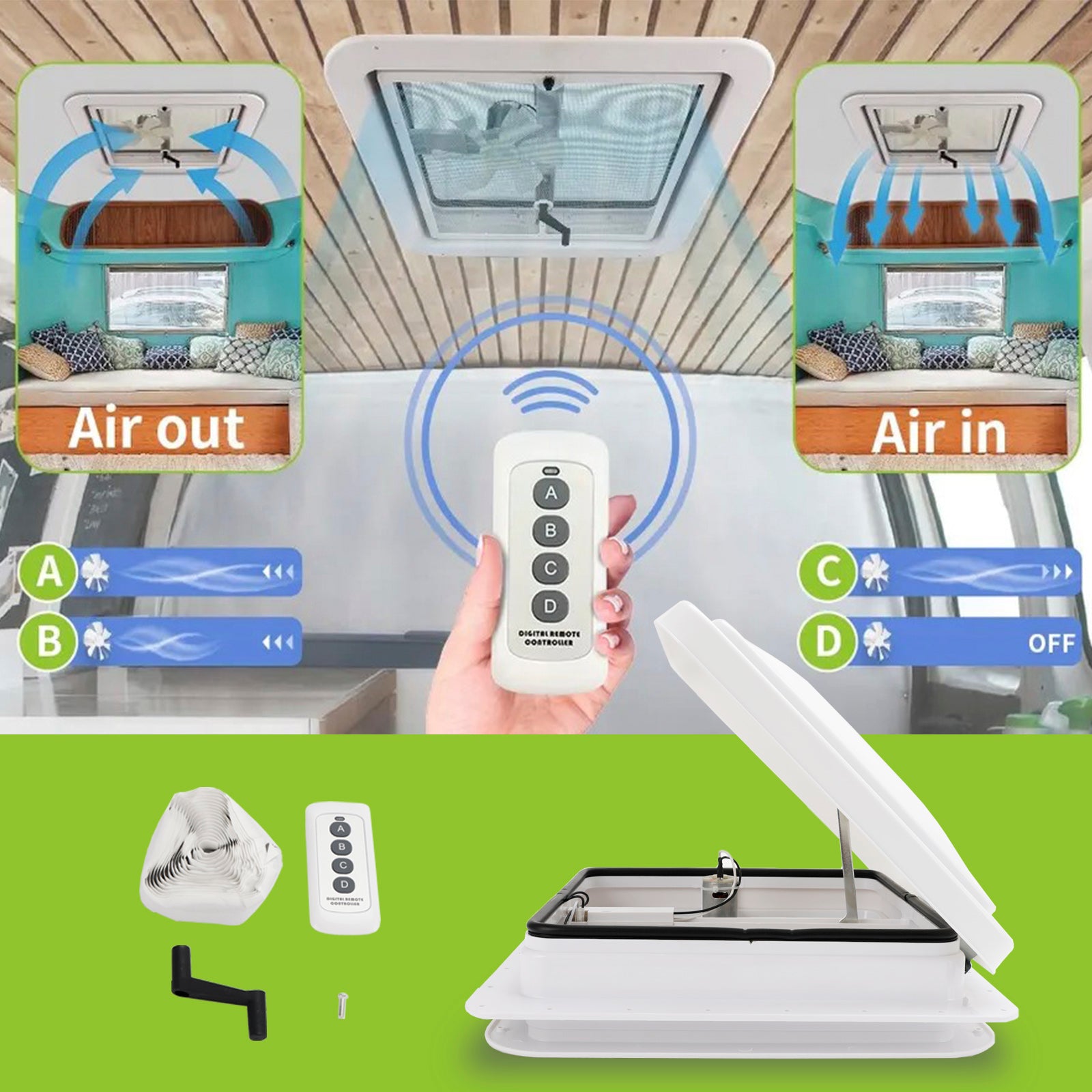 Ventilateur d'extraction pour camping-car de 14 po avec télécommande pour caravane, puits de lumière, camping-car Vente du Nouvel An