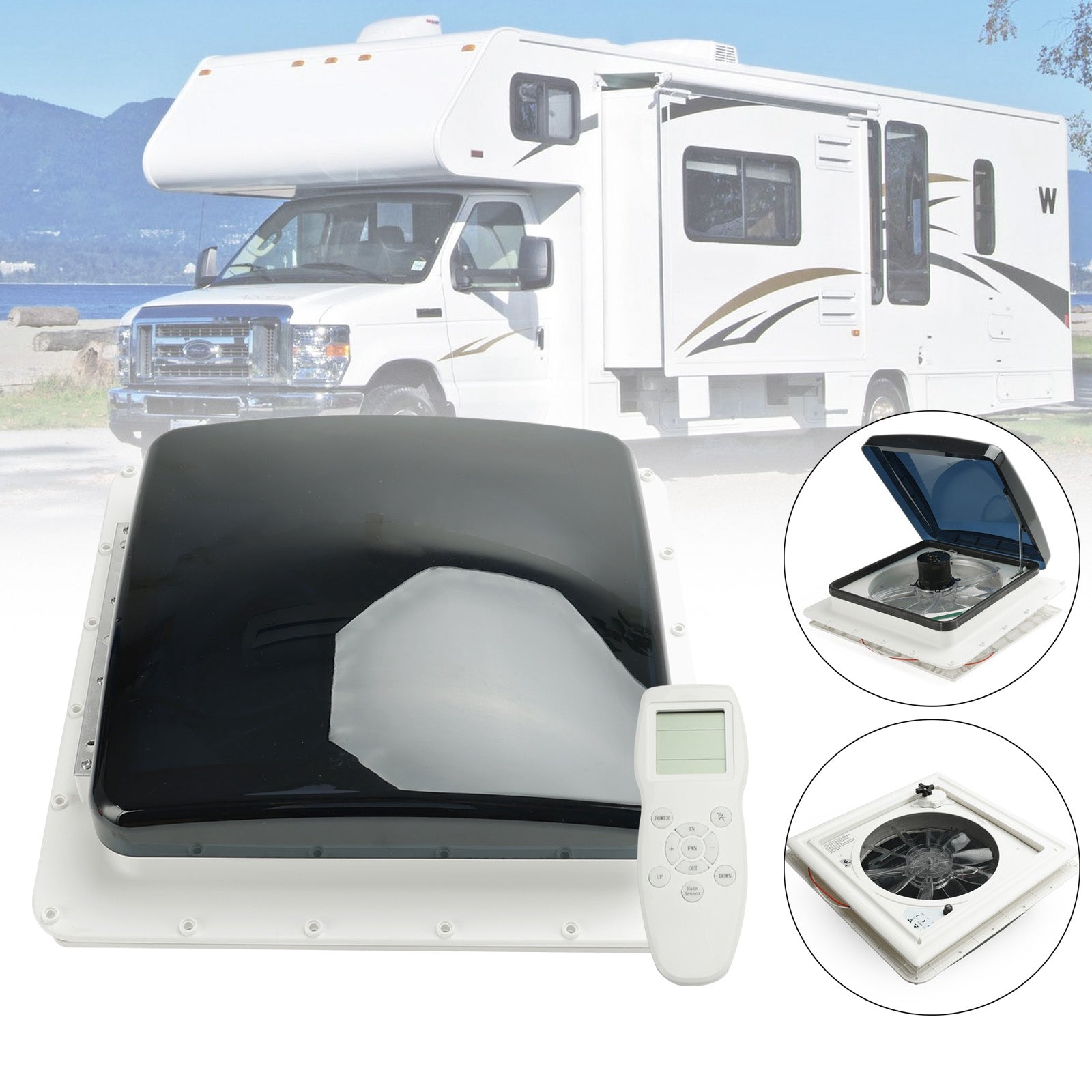 15.75" RV Caravan Roof Vent RV Fan 12V Skylight With Remote Control 10 Speeds - 0