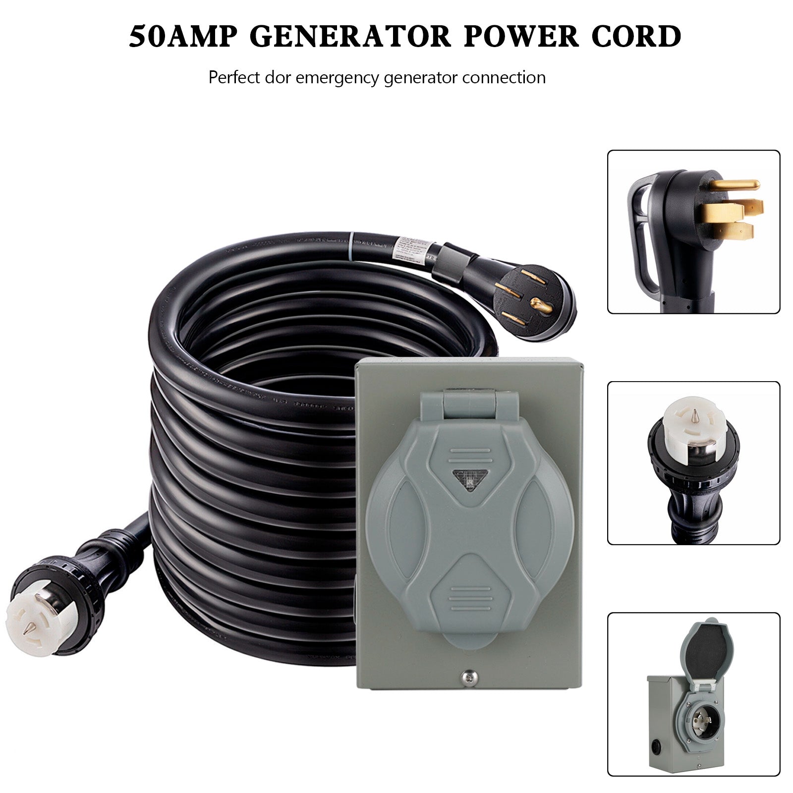 50Amp Generator Cord 25FT+Power Inlet Box RV Extension Cord Waterproof Combo Kit - 0