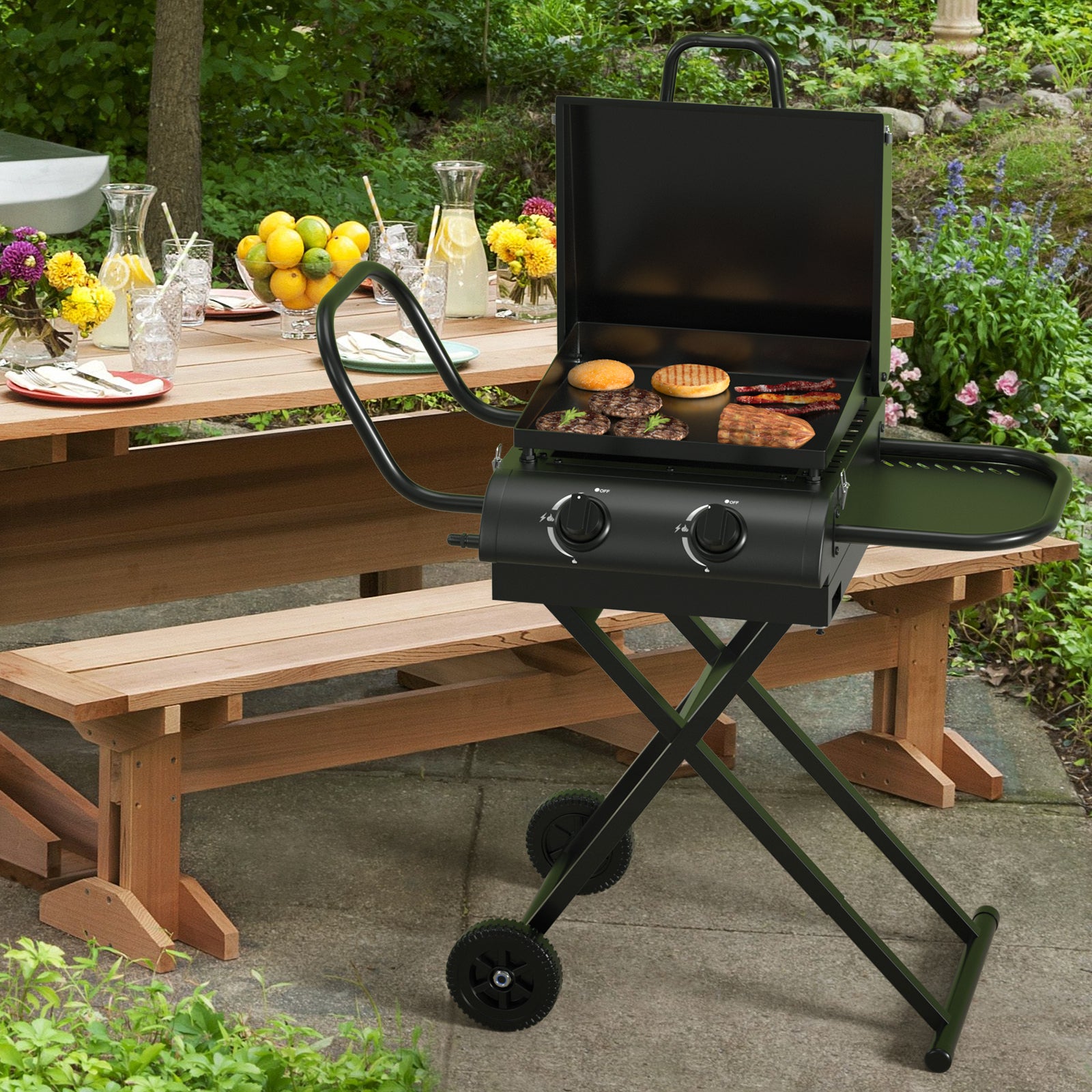 Portable Leg Propane Grill Barbecues Folding Gas Grill Griddle w/Hood & Side Shelf - 0