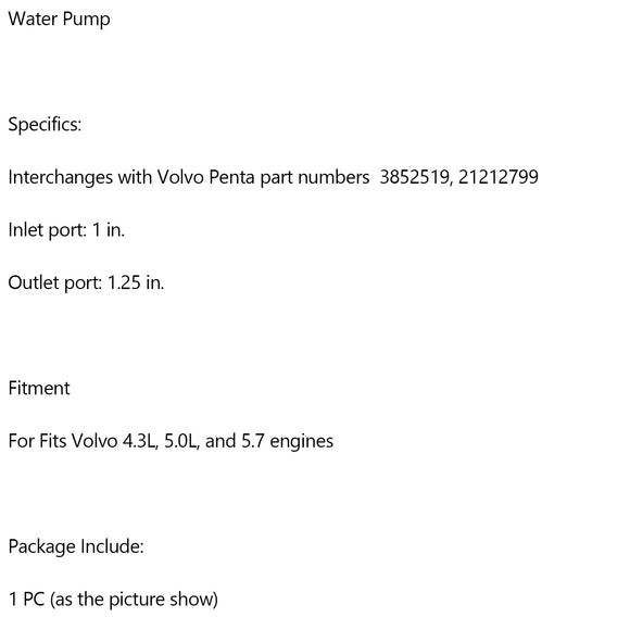 21212799 3812519 Rohwasser-Seewasserpumpe für VOLVO PENTA 4.3L 5.0L 5.7L ersetzt