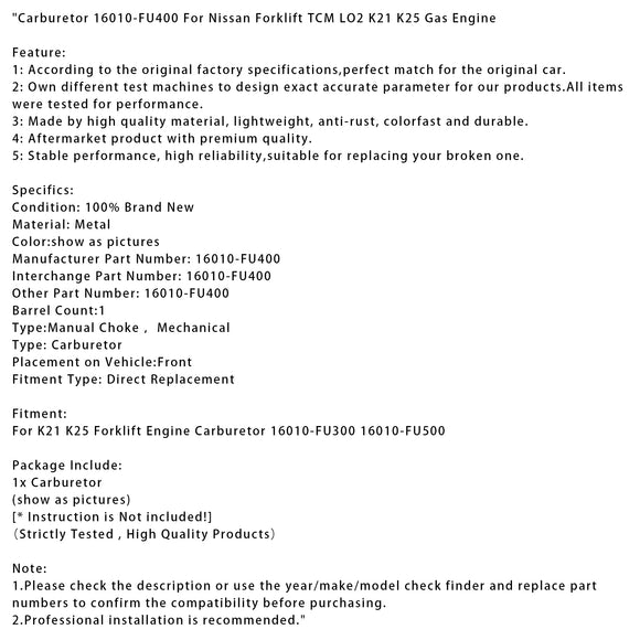 Nissan Forklift TCM LO2 K21 K25 Gas Engine Carburetor 16010-FU400