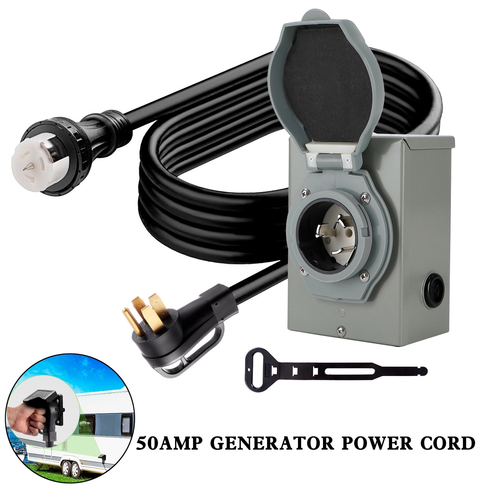 50Amp Generator Cord 25FT+Power Inlet Box RV Extension Cord Waterproof Combo Kit