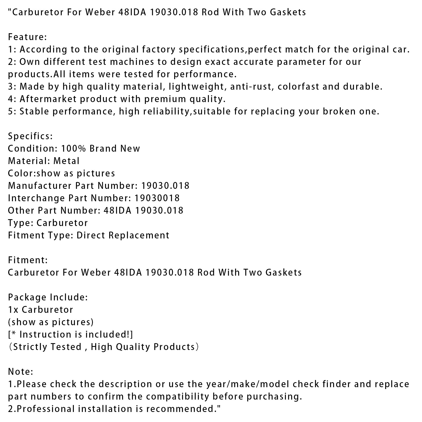 Carburetor For Weber 48IDA 19030.018 Rod With Two Gaskets