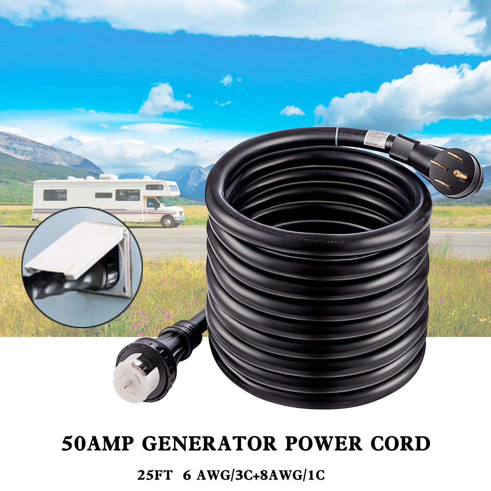 50Amp Generator Cord 25FT+Power Inlet Box RV Extension Cord Waterproof Combo Kit