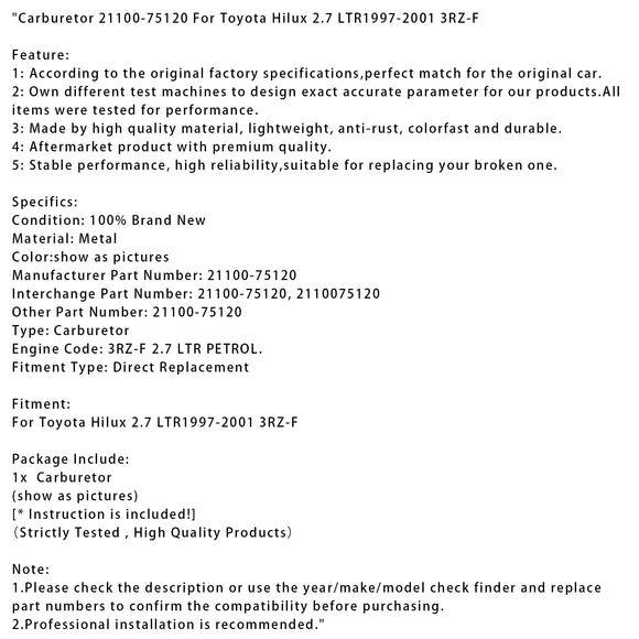 Toyota Hilux 2.7 LTR1997-2001 3RZ-F Carburetor 21100-75120